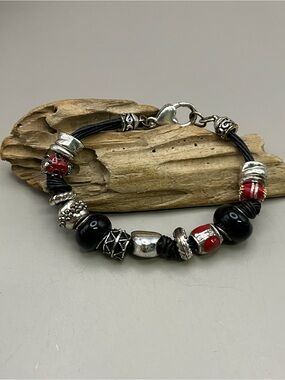 Pandora Style Ladybug Charm Bracelet Silver Tone Black Leather Cord Heart Clasp